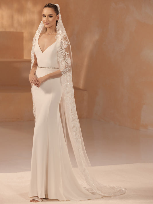One-layered lace edge with sequins soft tulle veil S474-Bianco Evento