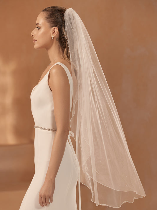 One-layered corded edge with pearls soft tulle veil S475-Bianco Evento