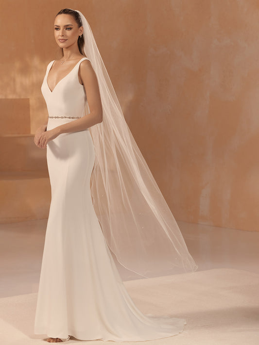 One-layered corded edge with pearls soft tulle veil S476-Bianco Evento