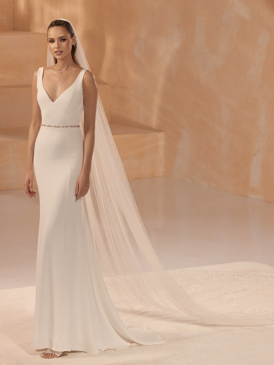 One-layered lace applications with appliques soft tulle veil S478-Bianco Evento
