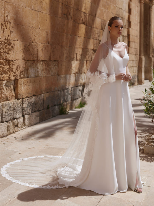Two-layered lace edge  soft tulle veil S492-Bianco Evento