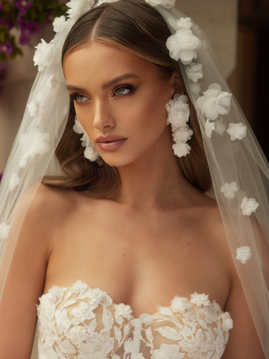 One-layered cut edge with 3D flowers soft tulle veil S493-Bianco Evento