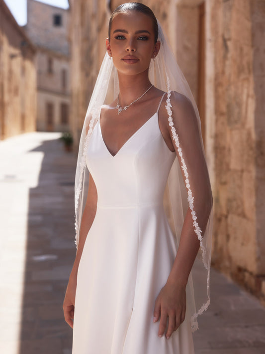 One-layered lace edge  soft tulle veil S508-Bianco Evento