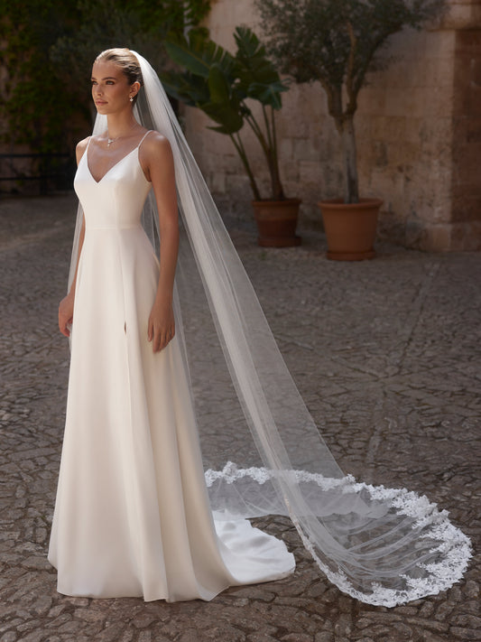 One-layered cut edge and lace edge  soft tulle veil S514-Bianco Evento