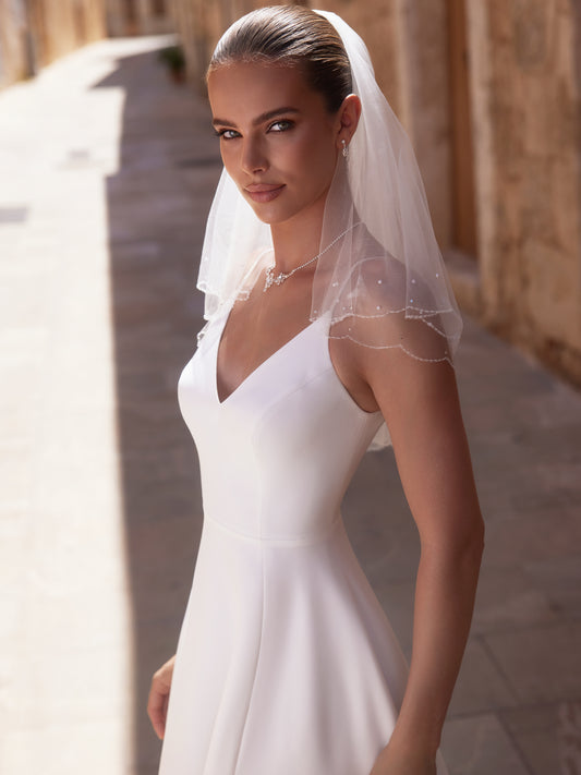 Two-layered beaded edge with crystals soft tulle veil S523-Bianco Evento