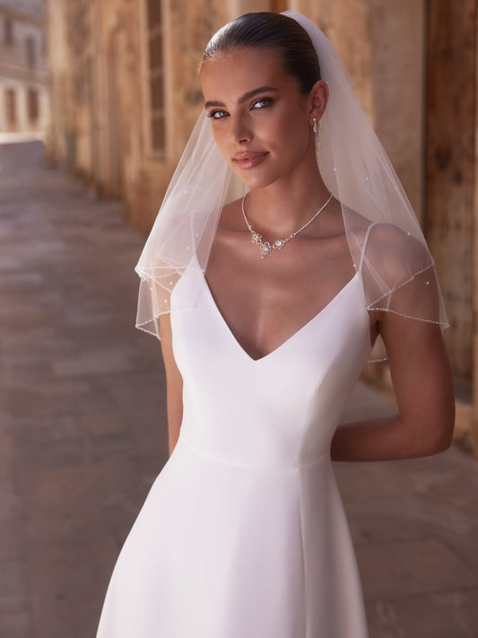 Two-layered beaded edge  soft tulle veil S524-Bianco Evento