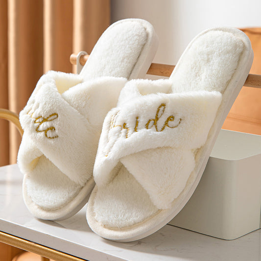 Bride White Fur Cross Interior Cotton Slippers With "Bride" written on top